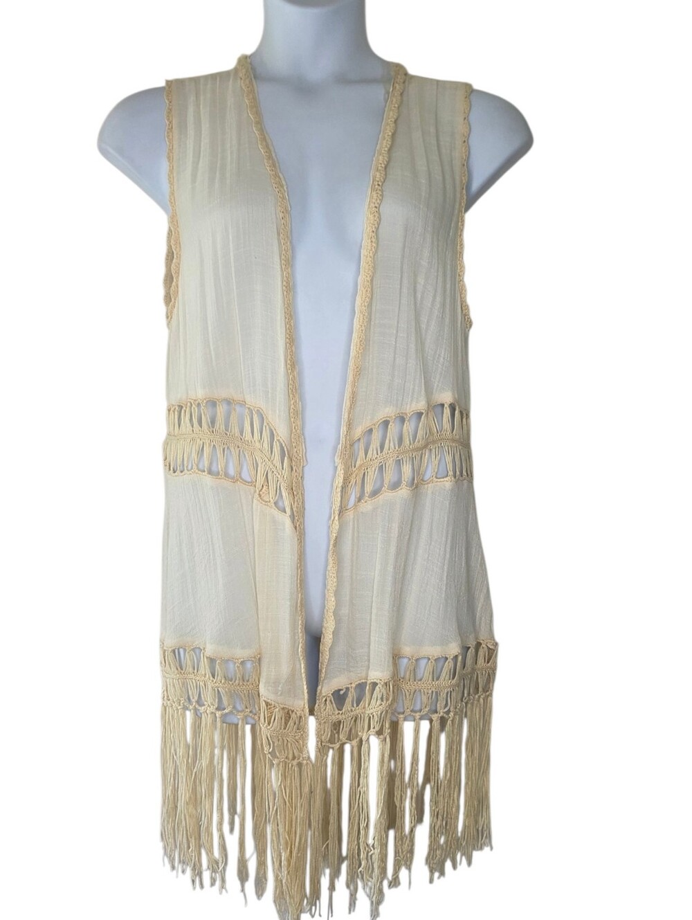 Crochet Fringe Trim Long Vest Lightweight Boho Coastal Festival Duster Size L